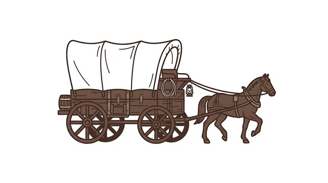 Covered wagon pulled by a horse. Vintage prairie transport illustration on white background.