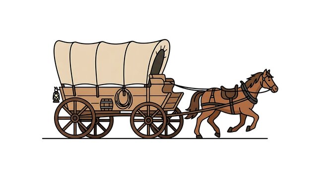 Horse drawn covered wagon. Vintage pioneer carriage isolated on white background.