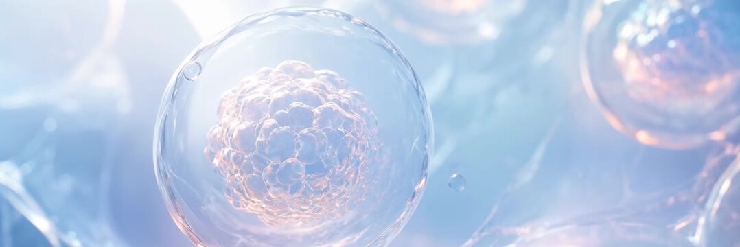 Translucent microscopic cells floating in blue fluid, biotechnology, medical research website banner