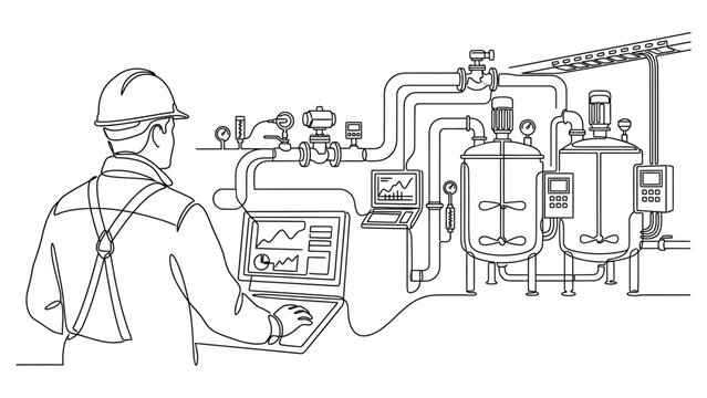 Engineer monitoring industrial process line with laptop.
