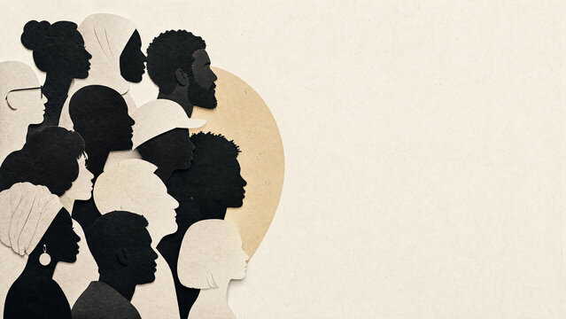 Diverse group of human profile silhouettes made of paper. Multicultural community and inclusion concept on textured background. Copy space for text