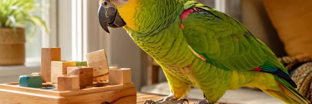 Green parrot playing with a wooden puzzle toy at home, intelligence, pet enrichment website banner