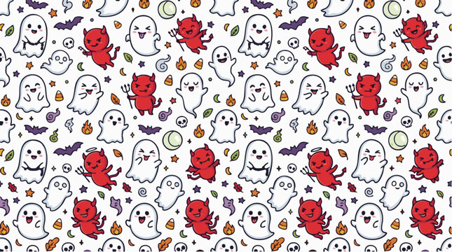 Seamless halloween pattern with cute cartoon ghosts, red devils, skulls, bats, and candy corn on a white background