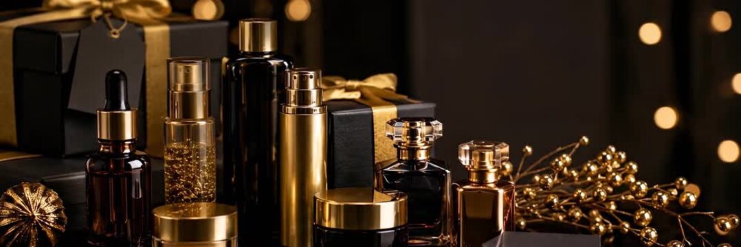 Luxury cosmetic bottles and gift boxes displayed in black and gold, beauty, skincare website banner