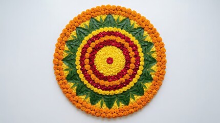 Fototapeta premium Beautiful circular floral rangoli design made with colorful fresh flower petals for indian festival decoration
