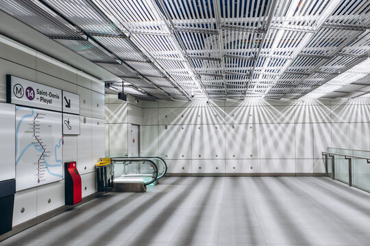 Paris, France - January 28, 2026: Metro Line 14 platform access inside the Paris Orly Airport station with modern architectural lighting.