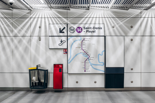 Paris, France - January 28, 2026: Metro Line 14 route map and directional signage inside the Paris Orly Airport station.
