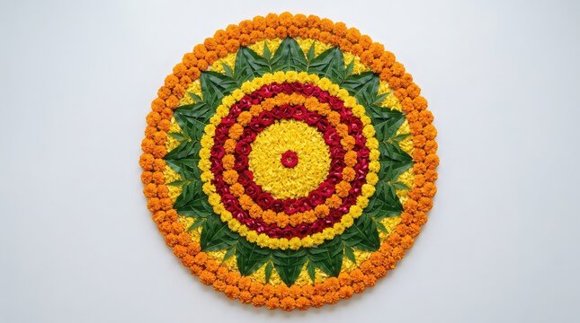 Beautiful circular floral rangoli design made with colorful fresh flower petals for indian festival decoration