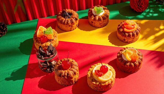 Assortment of festive fruitcakes and mini desserts decorated with cherries and citrus slices, displayed on a vibrant, color-blocked surface