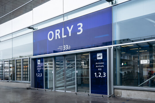 Paris, France - January 28, 2026: Entrance to Orly 3 terminal at Paris Orly Airport with arrivals access and terminal signage.