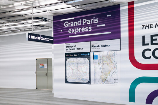 Paris, France - January 28, 2026: Grand Paris Express information panels and transport maps inside the Metro Line 14 station serving Paris Orly Airport.