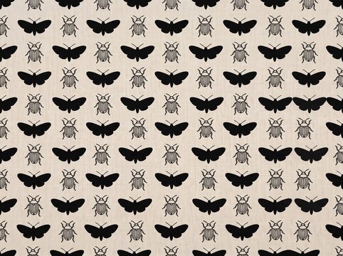 Minimalist insect seamless pattern featuring moths and beetles on beige linen background