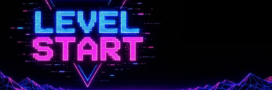 Neon Level Start message in pixel art 1980s retro gaming style, arcade website banner