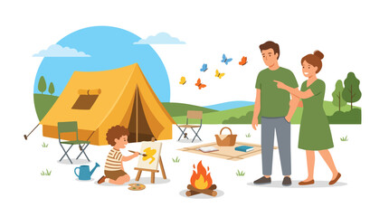 Fototapeta premium A happy family enjoys a camping trip outdoors, with a child painting while parents watch colorful butterflies near their yellow tent.
