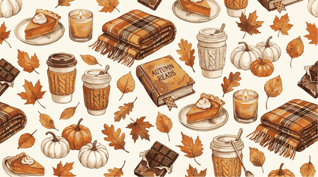 Seamless pattern of cozy autumn featuring pumpkin pie, plaid blankets, hot coffee, books, pumpkins, and fallen leaves