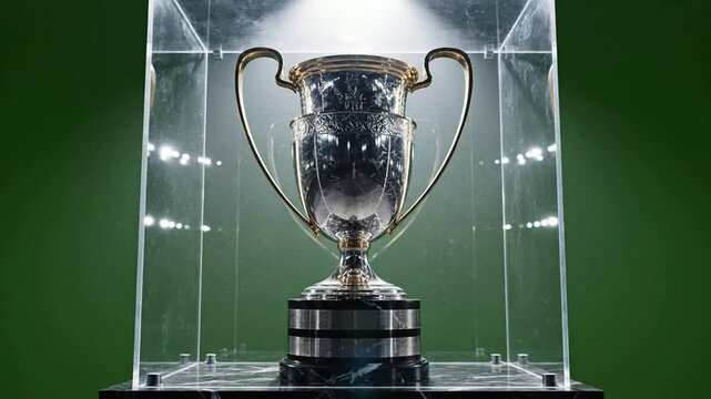Shiny silver championship trophy inside glass display case on marble pedestal for sports victory and achievement concept