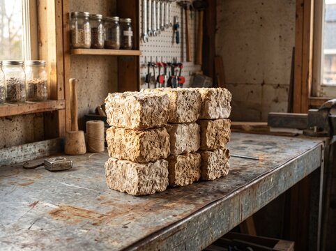 Sustainable mycelium bricks stacked on workshop workbench in rustic laboratory setting