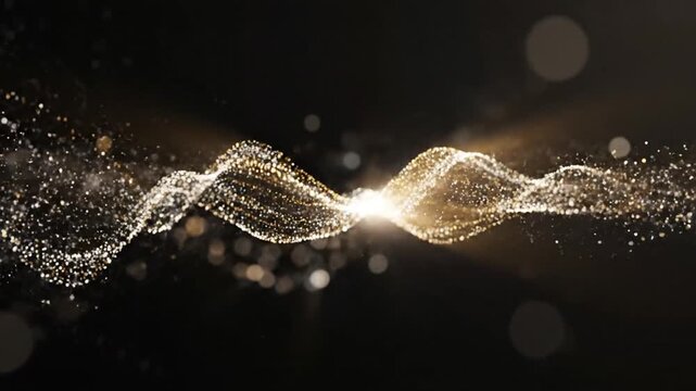 Golden glittering particles stream on black abstract background