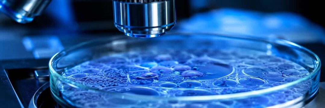 Microscope examining living cells in a laboratory petri dish, biology, research website banner