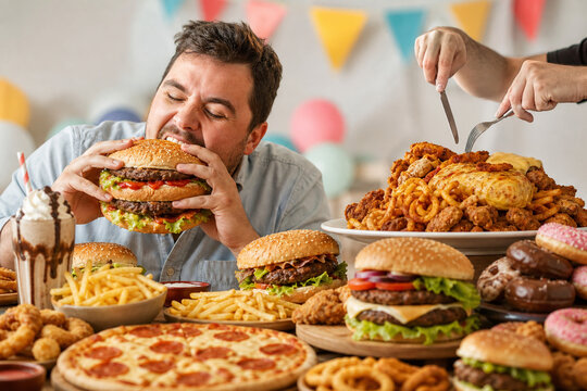 Man with oversized burger and fast food spread, gluttony and excess concept.