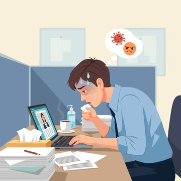 Man Working At Office Feeling Ill Amidst Viral Outbreak Concerns