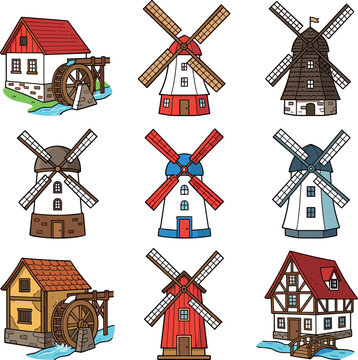 Traditional rustic windmills and old watermills vector asset set featuring historic wooden countryside mills and farm buildings