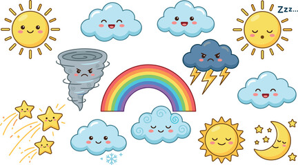 Cute weather vector element set featuring cartoon kawaii sun clouds rainbow tornado lightning storm moon and shooting stars © Rashidul