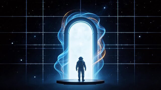 Astronaut stands before glowing portal