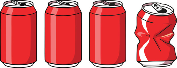 Red aluminum beverage cans illustration showing intact upright cans and crushed can symbolizing recycling waste and consumption stages © MdFaruk