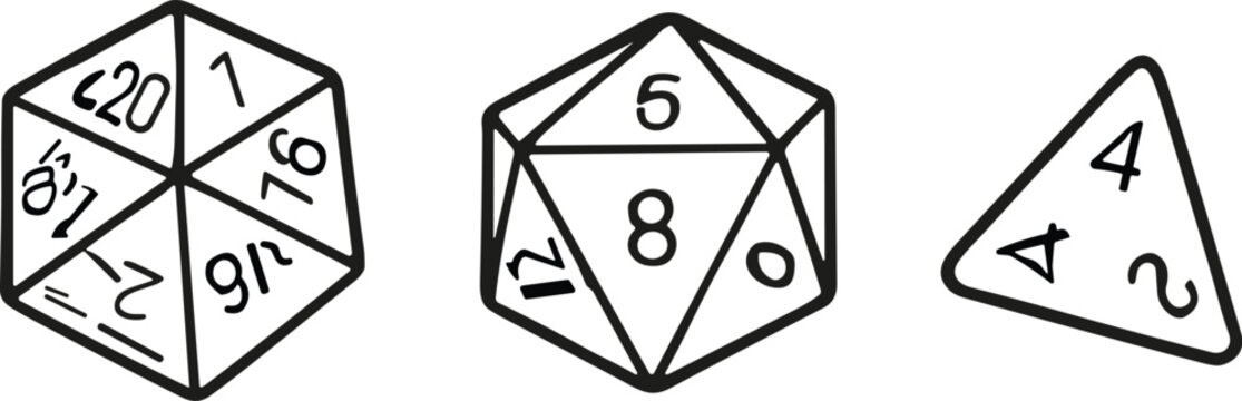 Polyhedral dice set illustration showing d20 d12 and d4 used in tabletop role playing games