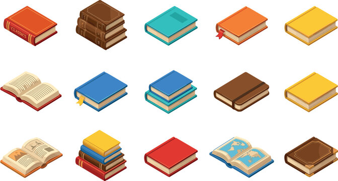 Isometric book vector element set featuring colorful closed stacks open pages vintage leather hardcovers and modern textbooks