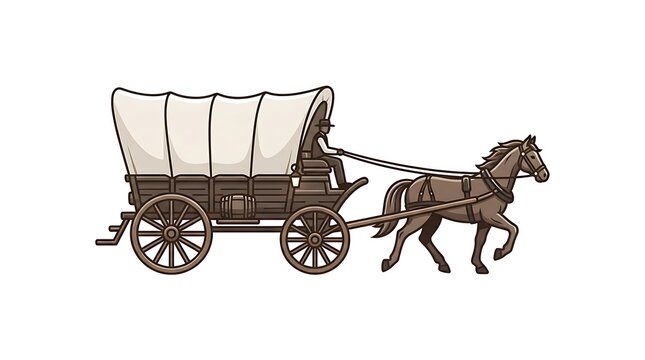 Covered wagon pulled by a horse. Vintage pioneer carriage for western travel illustration.