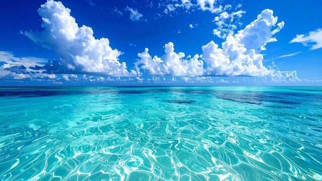 Vibrant summer ocean view with a clear horizon line under a bright blue sky with scattered clouds, photorealistic
真夏の爽快な青空と水平線、鮮やかな海と白い雲のリアルな風景