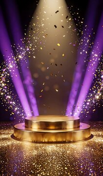 Golden Spotlight Stage with Confetti Shower and Glitter Background