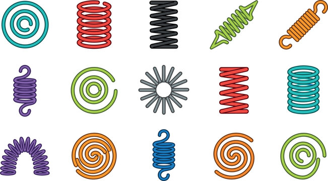 Colorful metal spring vector element set featuring flexible compression tension spiral coil and mechanical shock absorber line icons