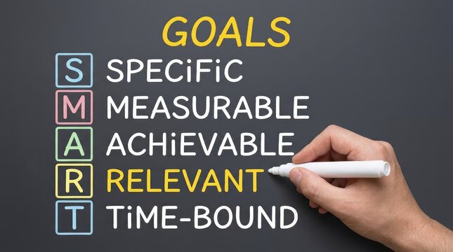 Hand writing smart goals criteria on dark chalkboard with white marker with evoking professional motivational atmosphere specific measurable achievable