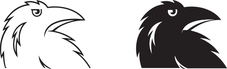Obraz premium Crow and raven bird vector icon silhouette outline.