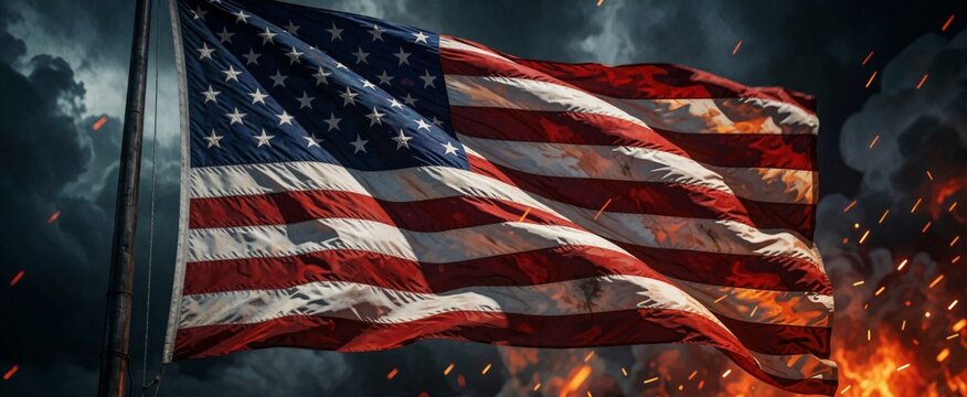 Majestic American Flag Waving Amidst Dramatic Fire and Stormy Sky