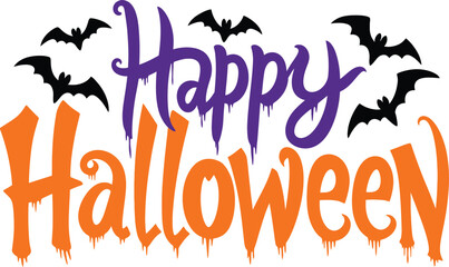 Happy Halloween Vector Illustration with Spooky Dripping Font in Orange and Purple Colors. Includes Black Bats Silhouettes for Holiday Greetings, Party Invitations, and Festive Decors. © raja