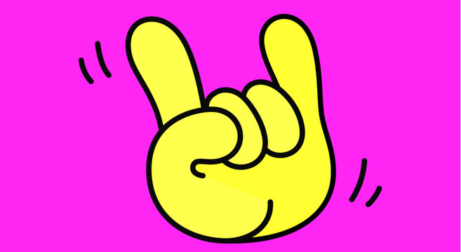 Rock. Hand sign. Gesture fingers. Pop art rock hand gesture sign, cute cartoon rock hand gesture symbol, comic hard rock party palm icon youthful music badge patches artwork. Vector Illustration