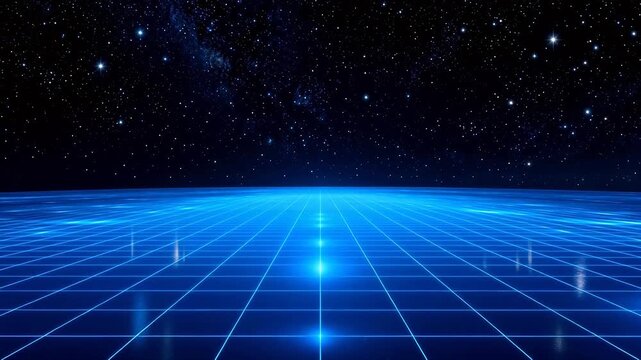 Blue grid landscape under starry sky