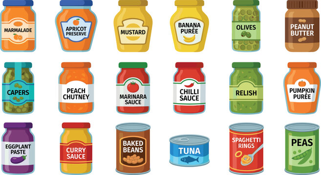 Pantry food jars and cans vector element set featuring marmalade peanut butter sauce pickles baked beans and canned tuna