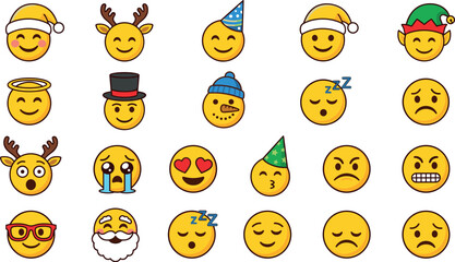 Christmas holiday emoticon vector icon set featuring simple yellow line art emoticons with festive Santa hats elf ears and reindeer horns © Rashidul