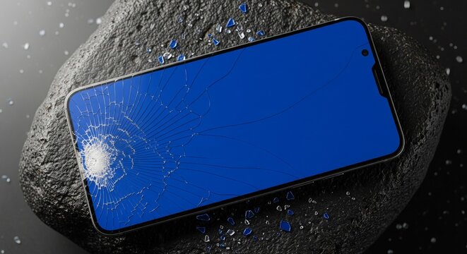 Damaged smartphone screen with shattered glass and blue display on dark pavement background