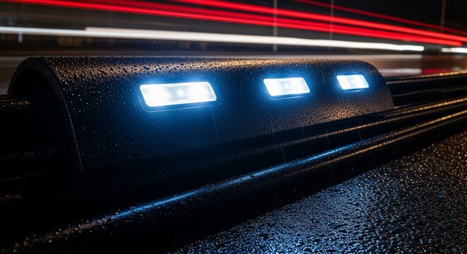Blue LED road studs lighting up a dark highway at night with light trails from moving traffic