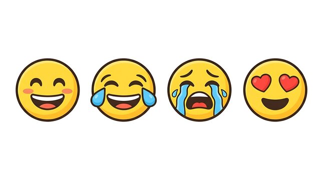 Set of yellow emoji faces. Diverse emotional icons representing joy, laughter, and love.