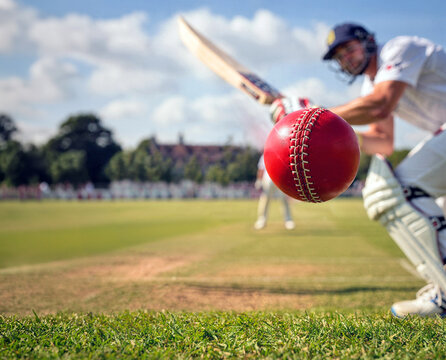 A cricketer hits a red cricket ball and starts to run during a cricket match