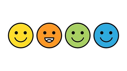 Naklejka premium Colorful smiley faces in a row. Happy emoticons representing customer feedback and mood.