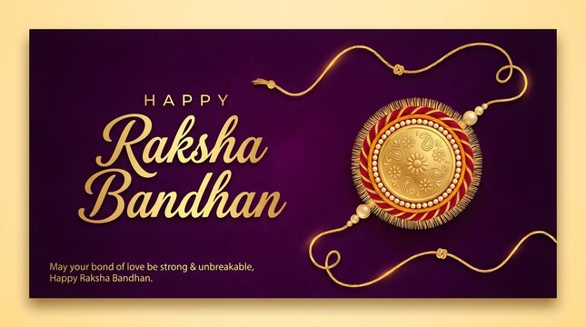A vibrant purple and gold banner wishing "Happy Raksha Bandhan" with a traditional Rakhi bracelet and intricate golden threads.