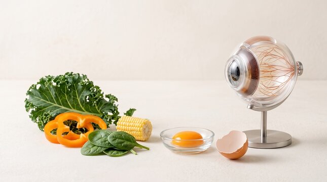 Healthy nutrition for better vision concept with displays collection nutrient rich foods alongside detailed anatomical model human eye clean light background